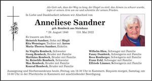 Traueranzeige Annneliese Sandner