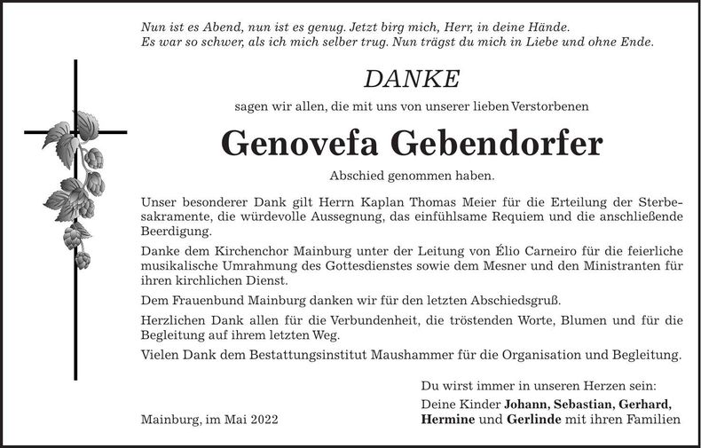 Traueranzeige Genovefa Gebendorfer