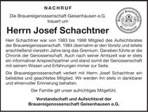 Traueranzeige Josef Schachtner