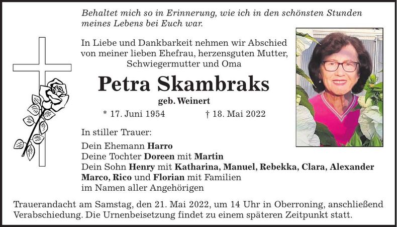 Traueranzeige Petra Skambraks