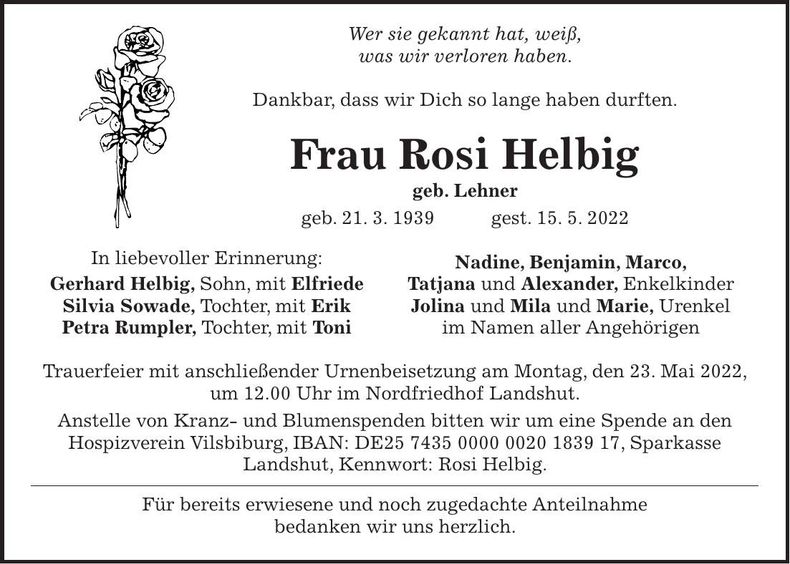 Traueranzeige Rosi Helbig