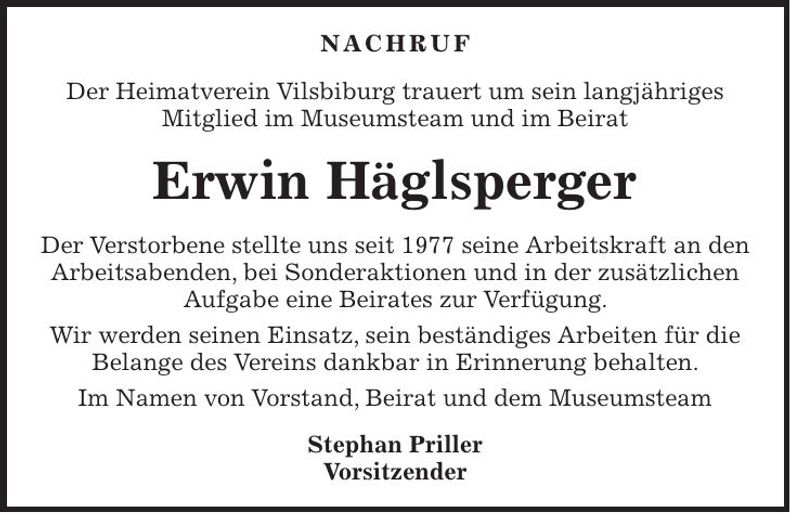 Traueranzeige Erwin Häglsperger