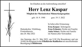 Traueranzeige Lenz Kaspar