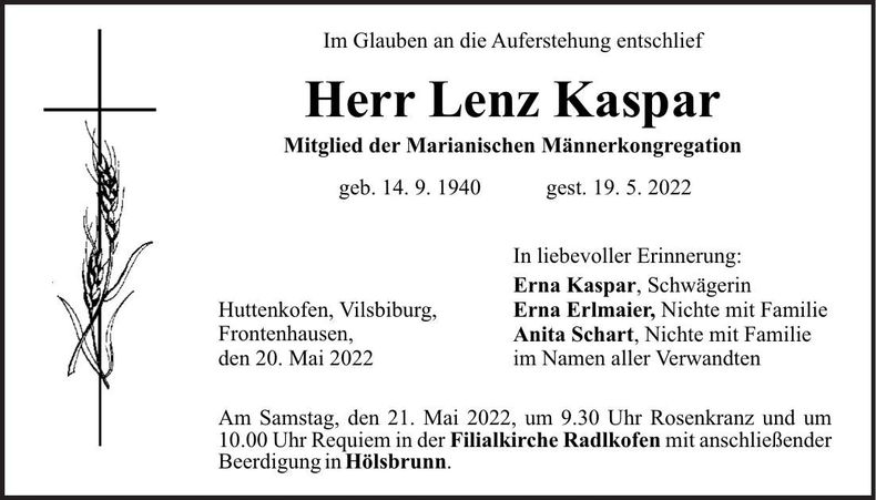 Traueranzeige Lenz Kaspar
