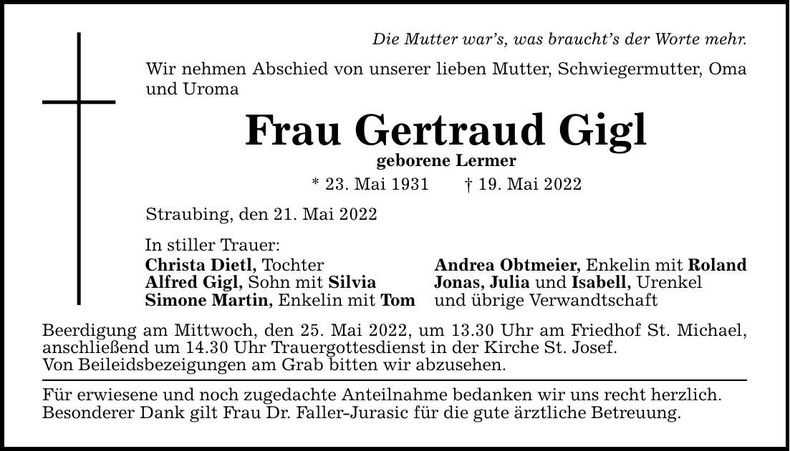 Traueranzeige Gertraud Gigl