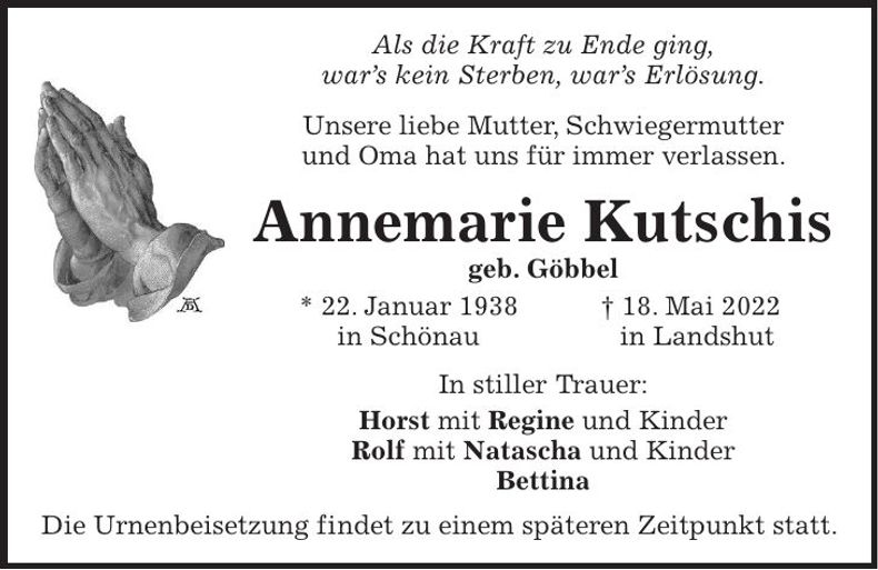 Traueranzeige Annemarie Kutschis