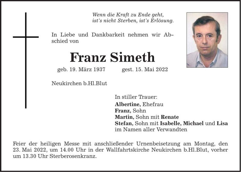 Traueranzeige Franz Simeth