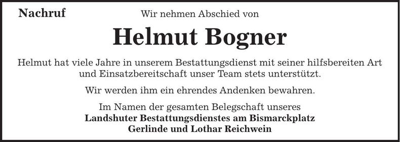 Traueranzeige Helmut Bogner