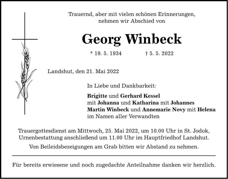 Traueranzeige Georg Winbeck