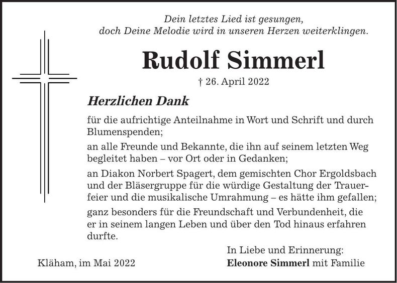 Traueranzeige Rudolf Simmerl