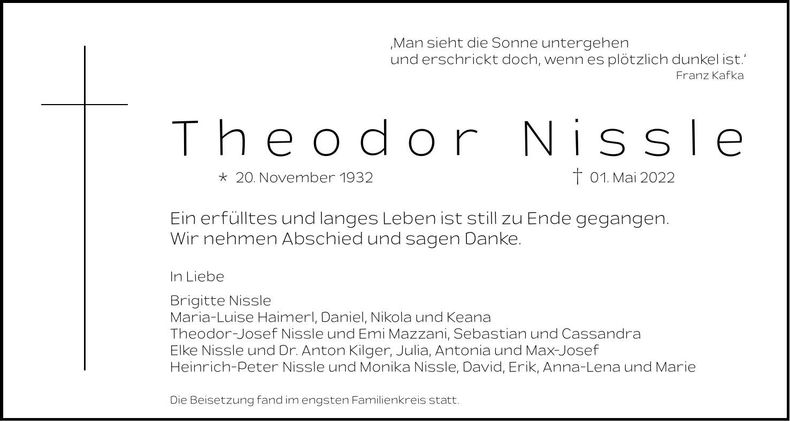 Traueranzeige Theodor Nissle