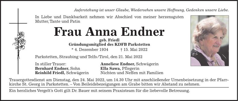 Traueranzeige Anna Endner