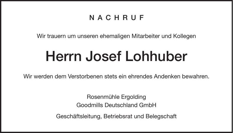 Traueranzeige Lohhuber Josef
