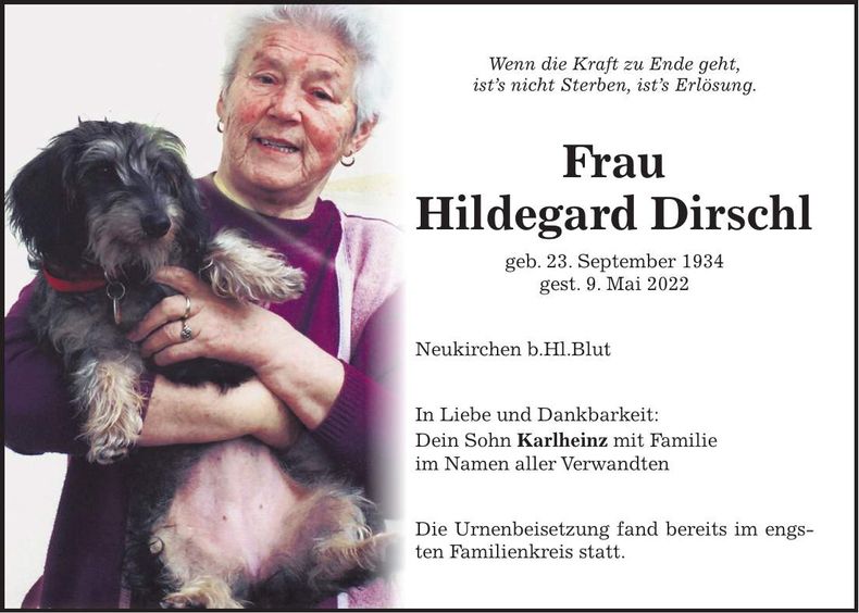 Traueranzeige Hildegard Dirschl