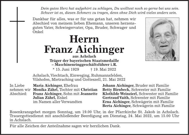 Traueranzeige Franz Aichinger