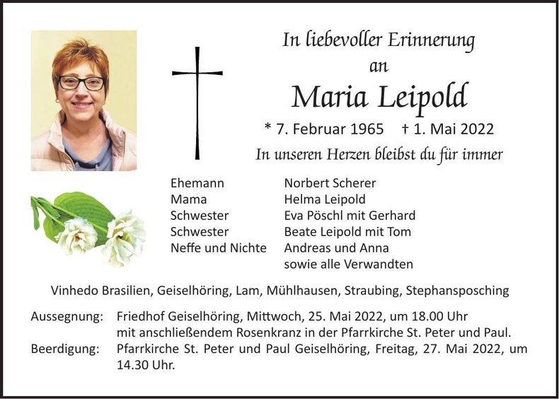 Traueranzeige Maria Leipold