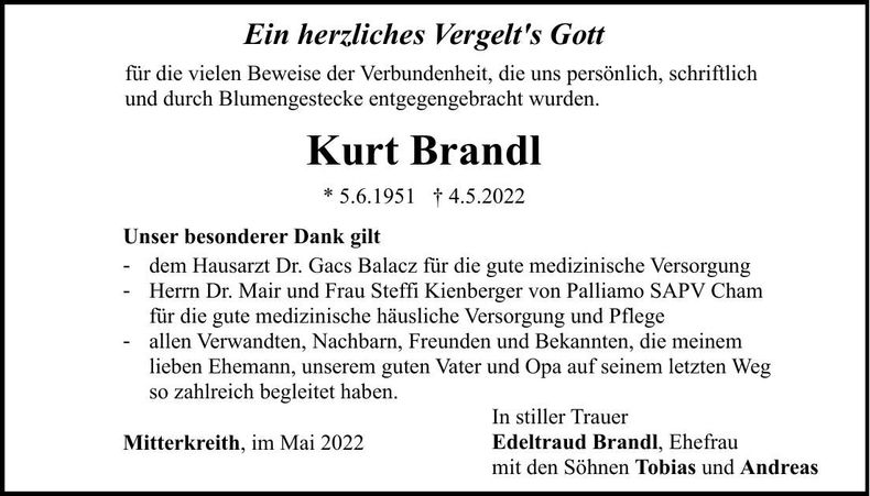 Traueranzeige Kurt Brandl