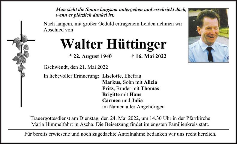 Traueranzeige Walter Hüttinger