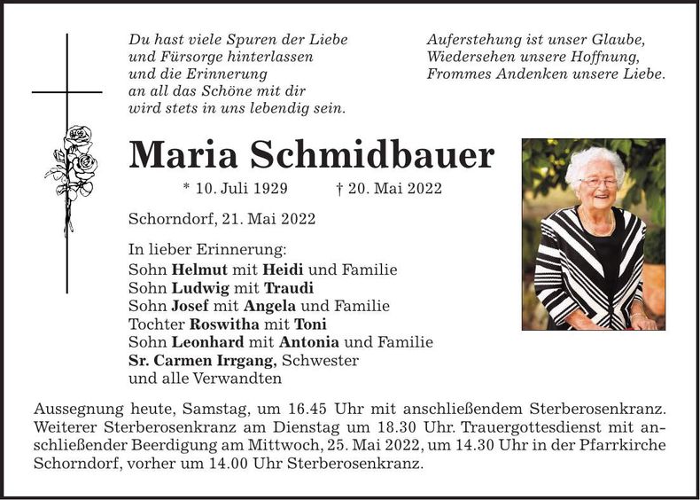 Traueranzeige Maria Schmidbauer