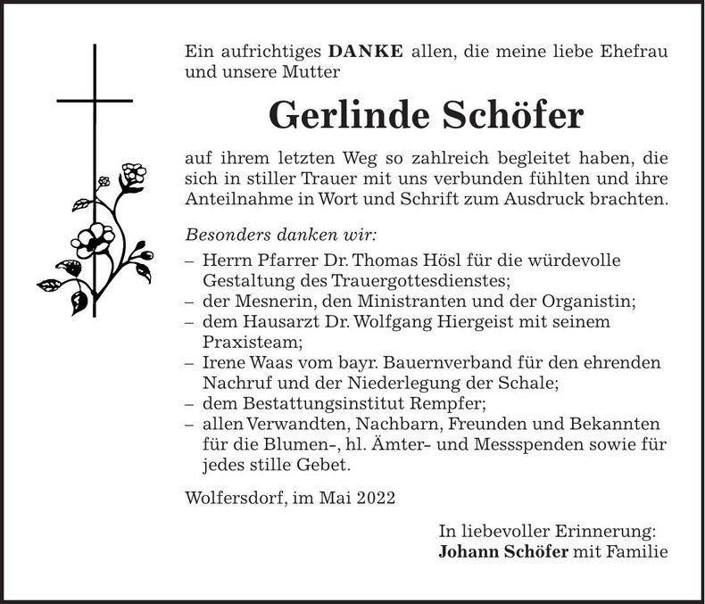 Traueranzeige Gerlinde Schöfer