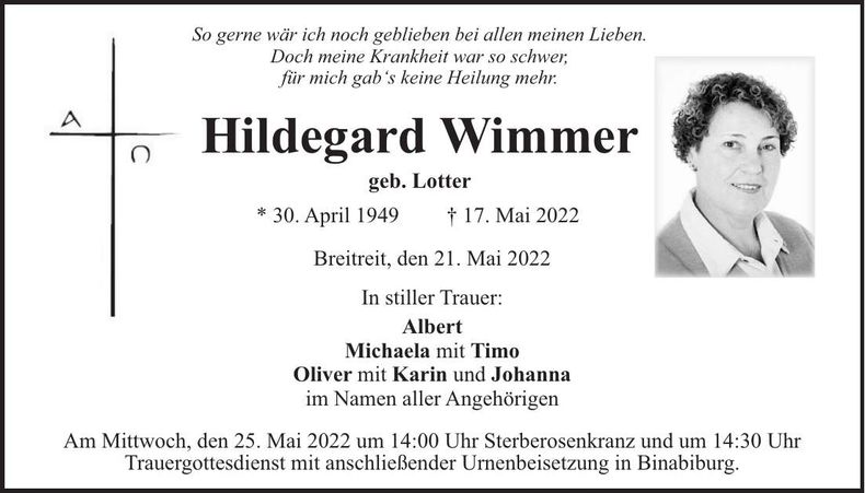 Traueranzeige Hildegard Wimmer