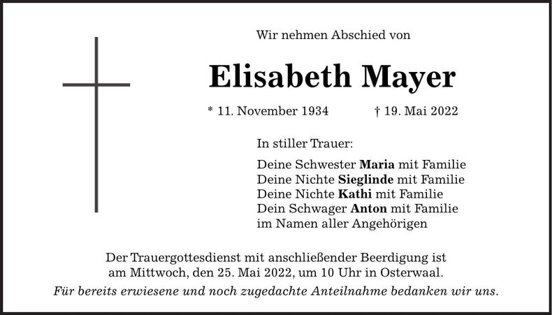 Traueranzeige Elisabeth Mayer
