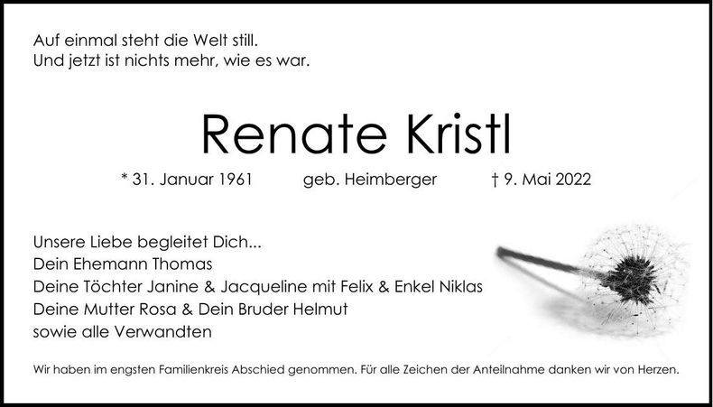 Traueranzeige Renate Kristl