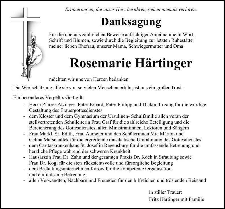 Traueranzeige Rosemarie Härtinger