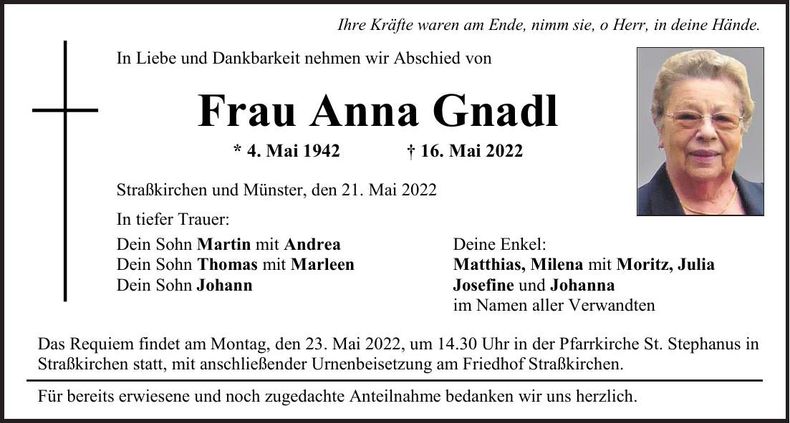Traueranzeige Anna Gnadl