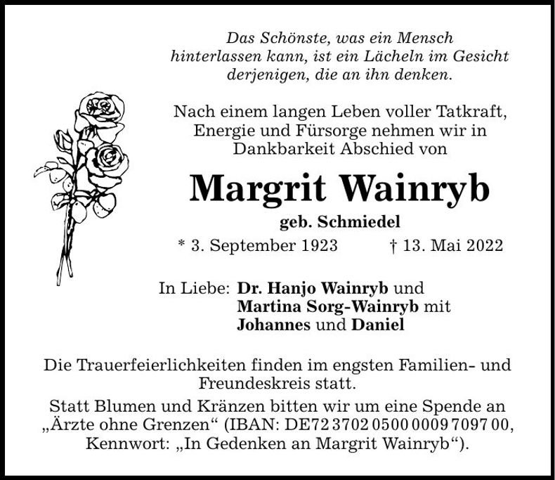 Traueranzeige Margit Wainryb