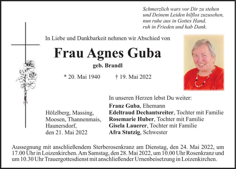 Traueranzeige Agnes Guba
