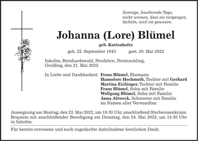 Traueranzeige Johanna Blümel
