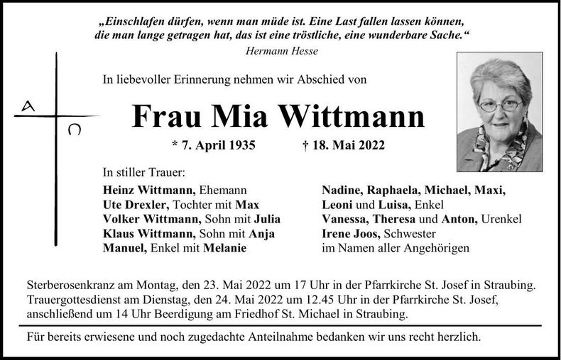 Traueranzeige Mia Wittmann