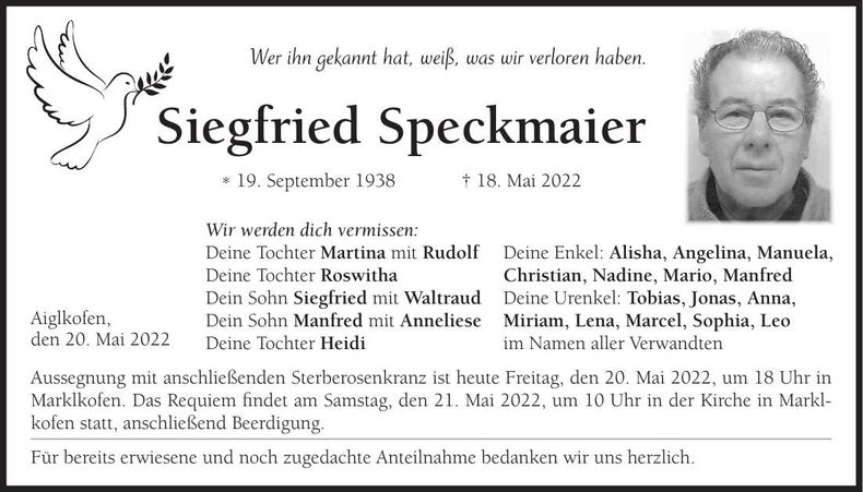 Traueranzeige Siegfried Speckmaier