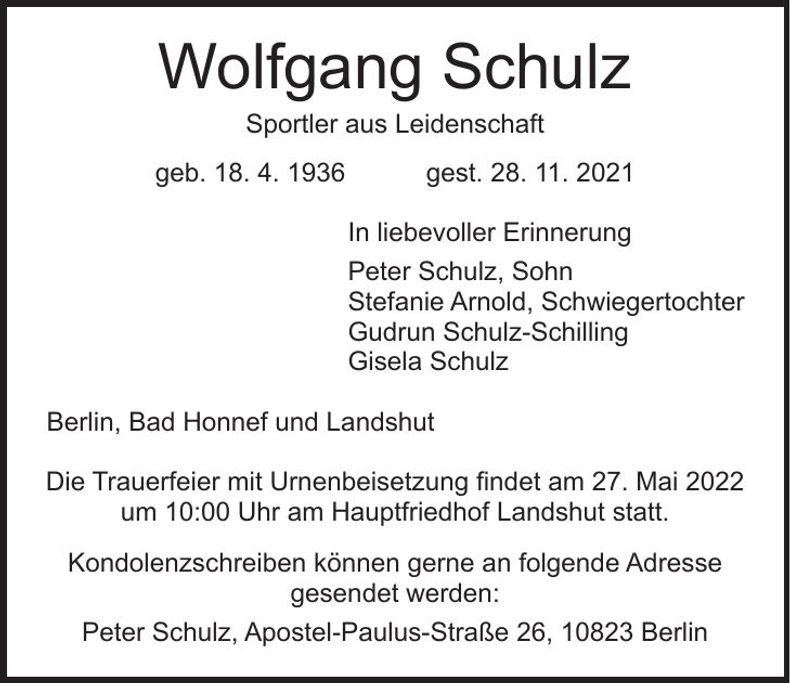 Traueranzeige Wolfgang Schulz