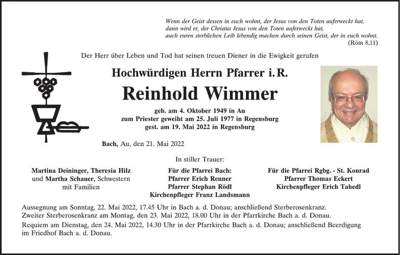 Traueranzeige Reinhold Wimmer
