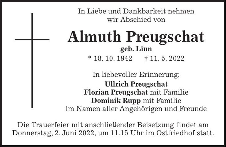 Traueranzeige Almuth Preugschat