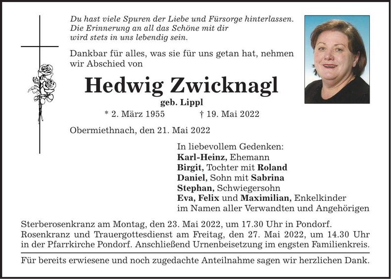 Traueranzeige Hedwig Zwicknagl