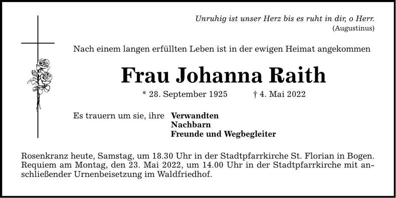 Traueranzeige Johanna Raith