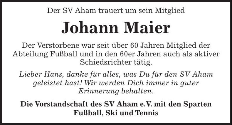 Traueranzeige Johann Maier