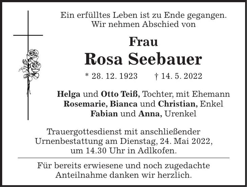 Traueranzeige Rosa Seebauer