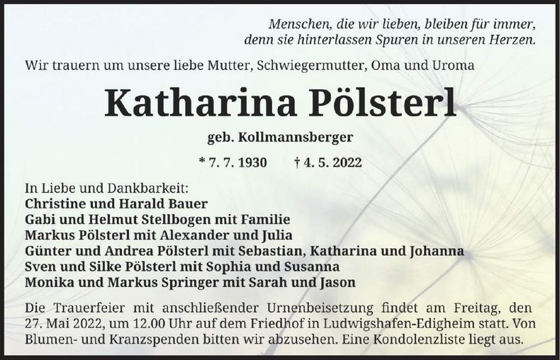 Traueranzeige Katharina Pölsterl