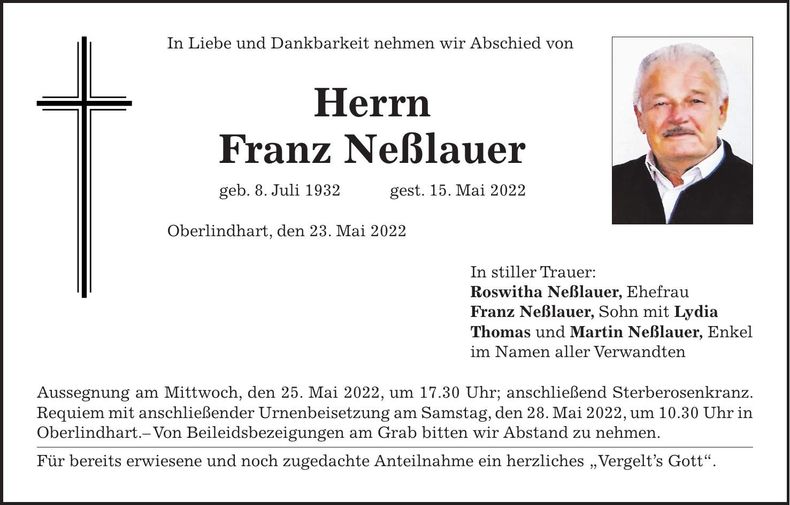 Traueranzeige Franz Neßlauer