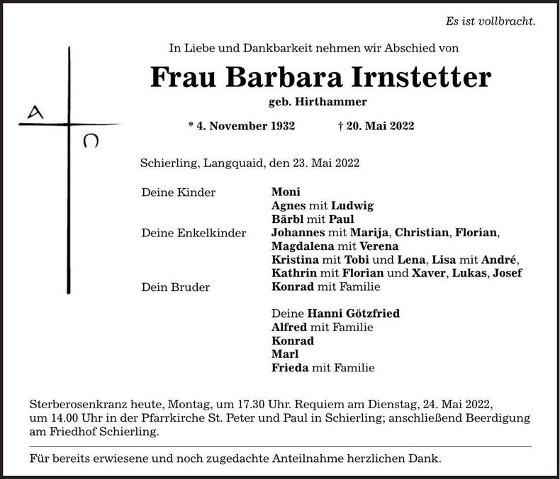 Traueranzeige Barbara Irnstetter