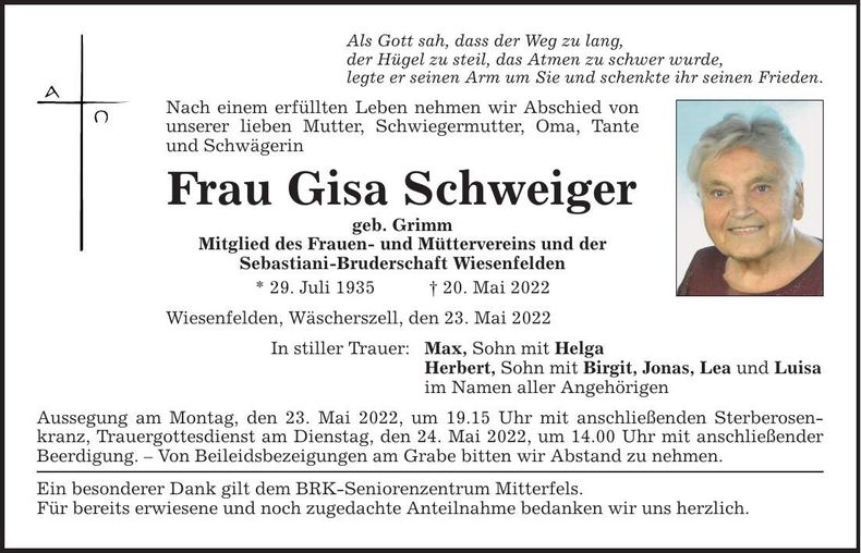 Traueranzeige Gisa Schweiger