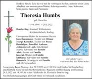Traueranzeige Theresia Humbs