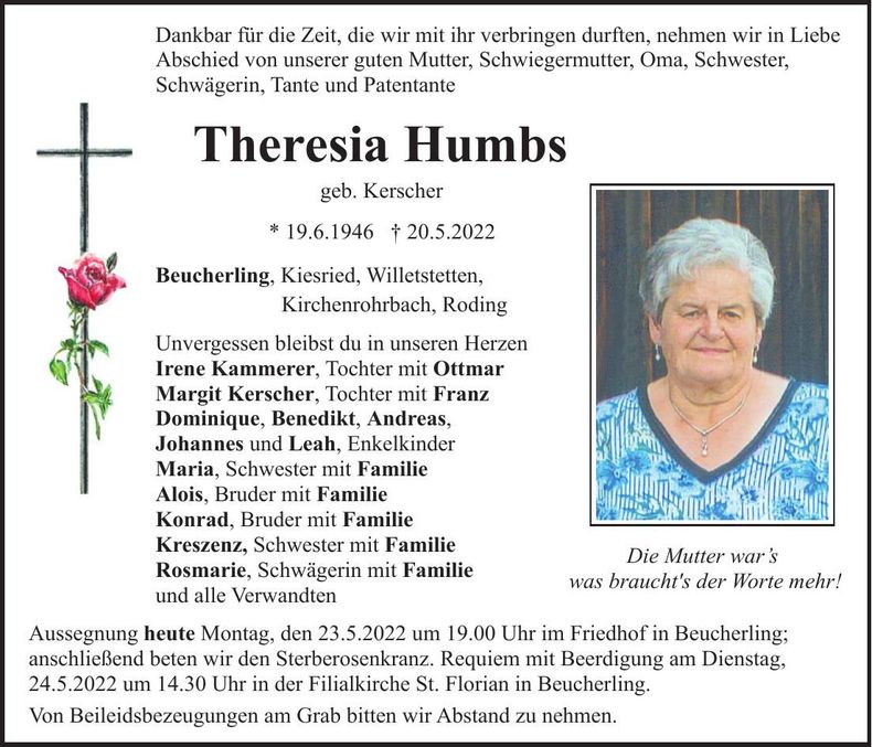 Traueranzeige Theresia Humbs
