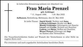 Traueranzeige Maria Prenzel
