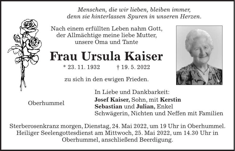 Traueranzeige Ursula Kaiser