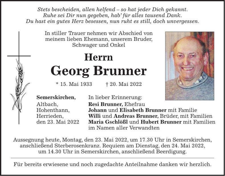 Traueranzeige Georg Brunner